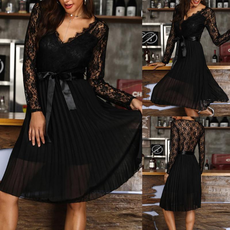Été Sexy Dentelle Robe De Mode Femmes V-Col V-Col à manches longues Bandage Corsage Plissé Casula Plus Taille Robes décontractées