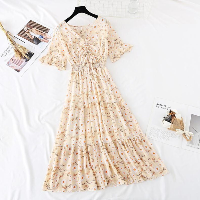 Summer Chiffon Long Dress Women Elegant V-Neck print Floral Dresses Elastic waist Slim Sweet Ruffles Dress Vestido 210521