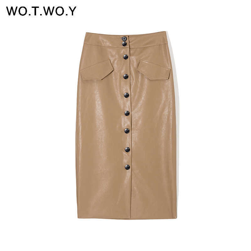 WOTWOY Elengant High Waist Leather Penci Skirt Women Multi Button Wrapped Skirts Mujer Faldas Solid Pockets Femme Jupes 210621