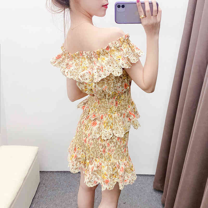 Sleeveless Floral Print Blouse Woman Elastic Waist Embroidery Stylish Chic Shirt Hollow Out Holiday Pleated Blouses Lady 210515