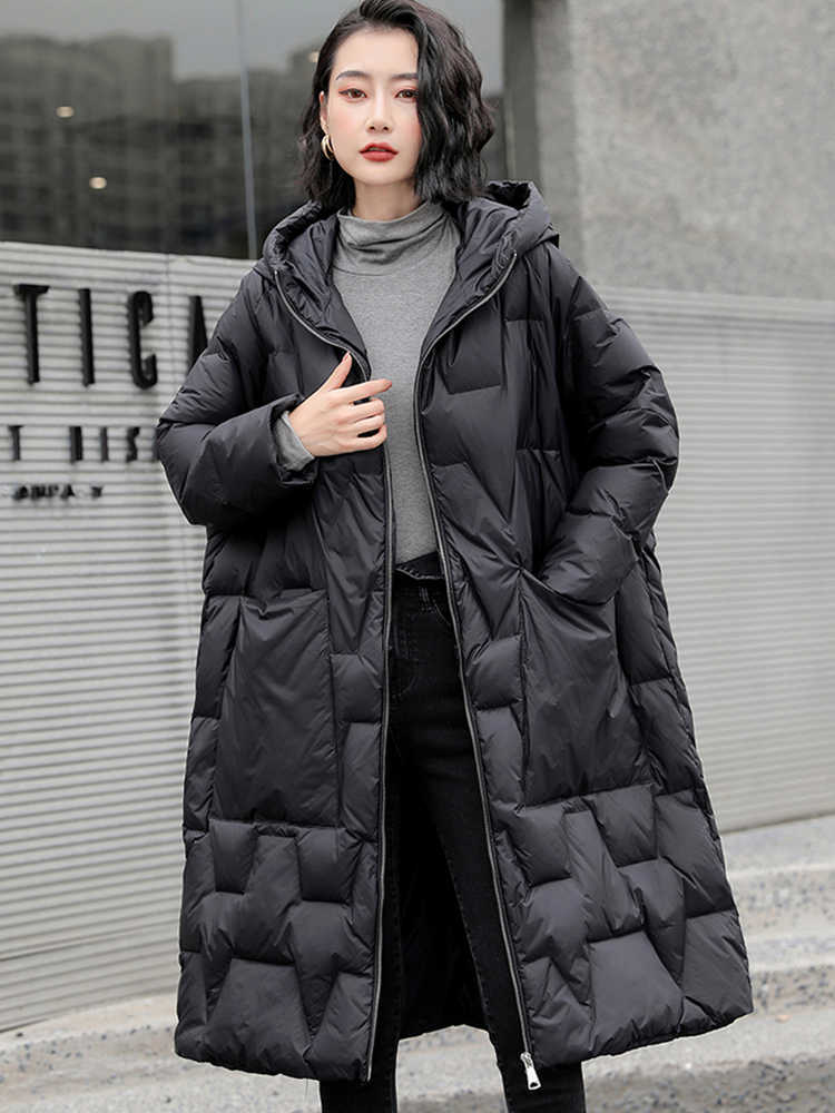 Ailegogo Winter Women Hooded Loose Thick Warm 90% White Duck Down Long Parkas Casual Female Zipper Pocket Coat Snow Outwear 211013