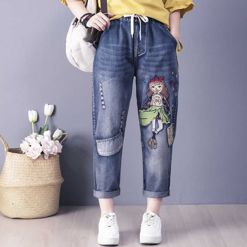 9168 Women Summer Fashion Cartoon Patchwork Elastic Waist Vintage Denim Jeans Office Lady Large Loose Harem Ankle Length Pants 210922