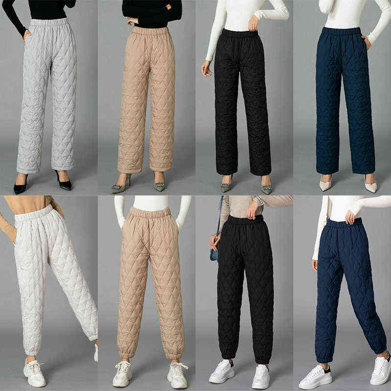Women Winter Warm Down Cotton Pants Padded Quilted Trousers Elastic Waist Casual 211115