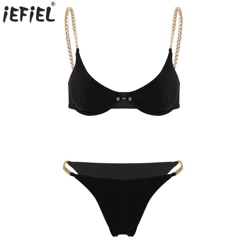Women Sexy Swimwear Metal Chain Bikini Swimsuit Underwired Padded Push Up Bra Top High Cut Thong Briefs Bathing Suit Set One-Piece Suits
Women Sexy Swimwear Metal Chain Bikini Swimsuit Underwired Padded Push Up Bra Top High Cut Thong Briefs Bathing Suit Set One-Piece Suits