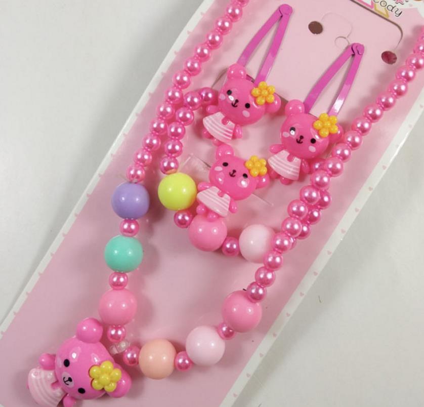 Kids gift jewelry set girl pearl beads cartoon pendants necklace bracelet ring hair clip hairband Sets Christmas Party Favor bag filler prize pink