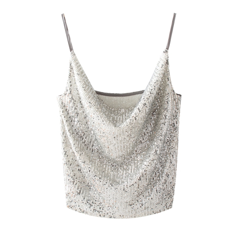 Sexy Woman Silver Sequined V Neck Camisole Spring Summer Fashion Ladies Shiny Club Tank Female Elegant Blingbling Vest 210515