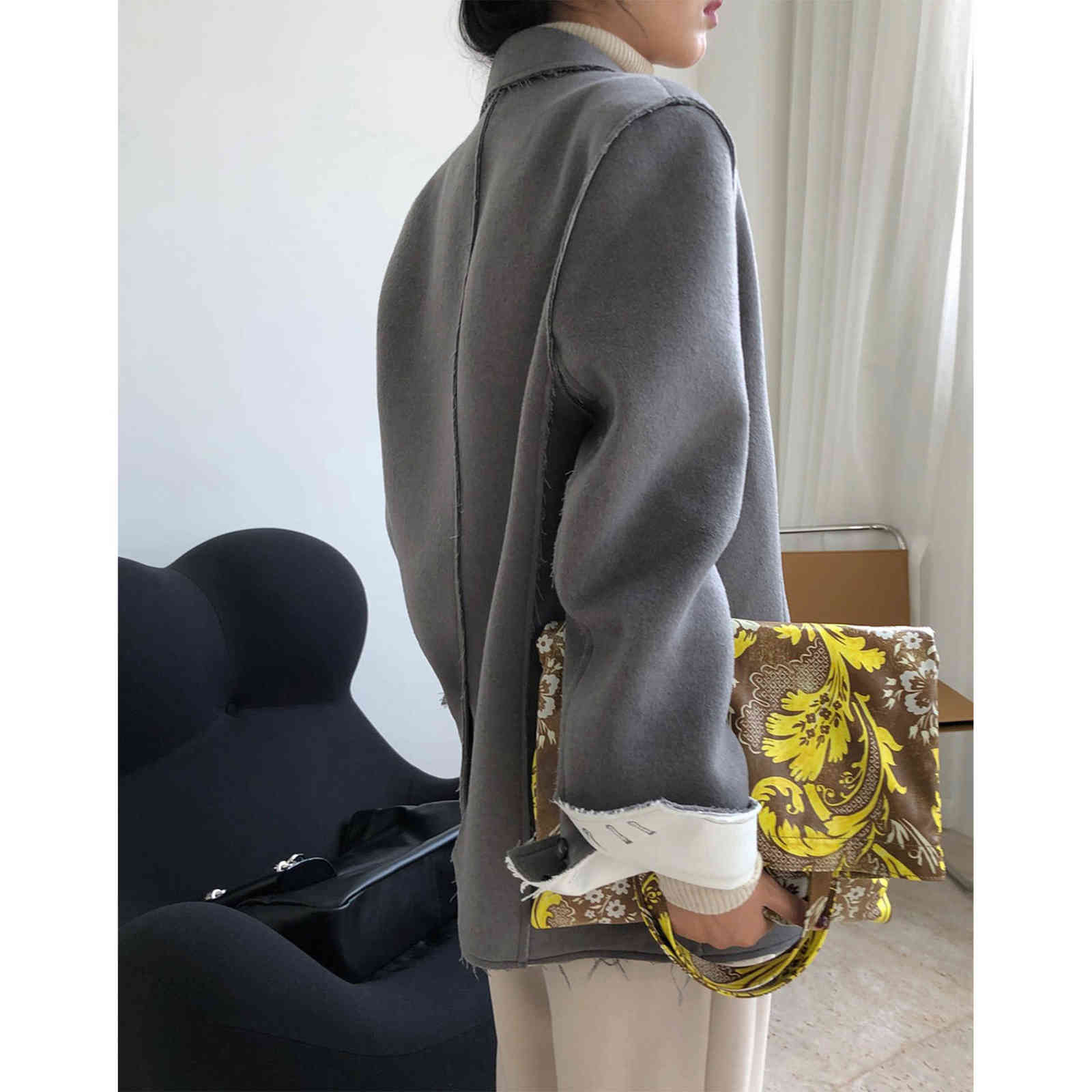 Winter Thickened Woolen Blended Suit Lapel Wide Shoulder Leisure Plus Size Loose Women Black Oversized Blazers And Jackets 211122