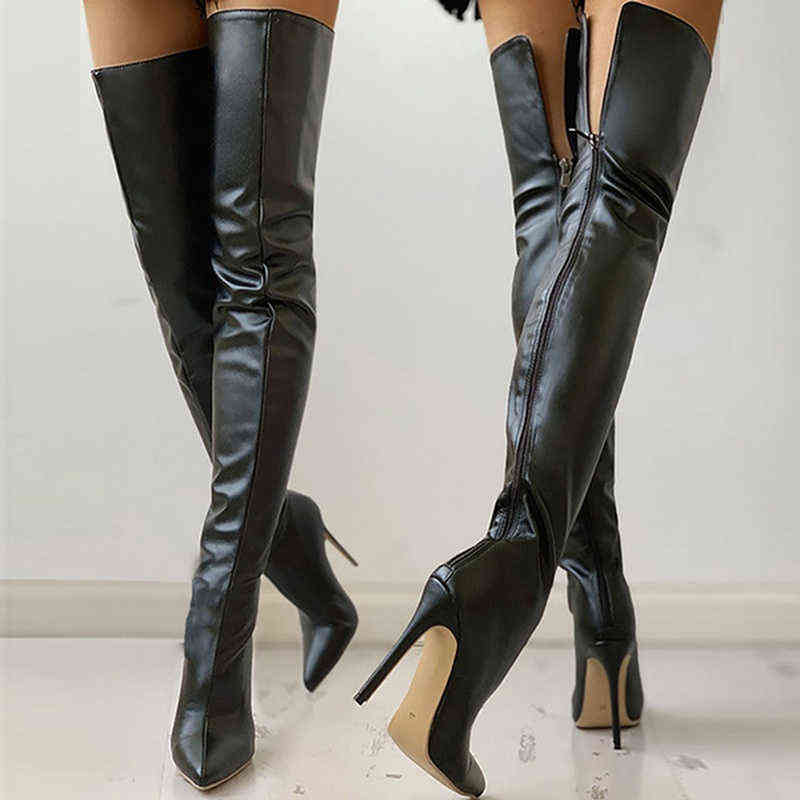 Women's Knee High Boots Sexy High Heels 2021 New Black Thigh High Booties Autumn Stiletto Leather Boots Women Shoes Size 43 H1116
