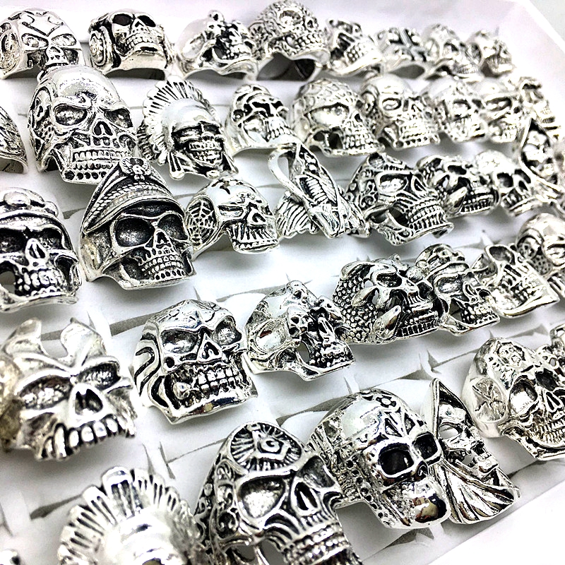 30pcs skull rings men punk rock silver metal women bikers skeleton rings vintage jewelry gifts patry whole lots bulk brand new