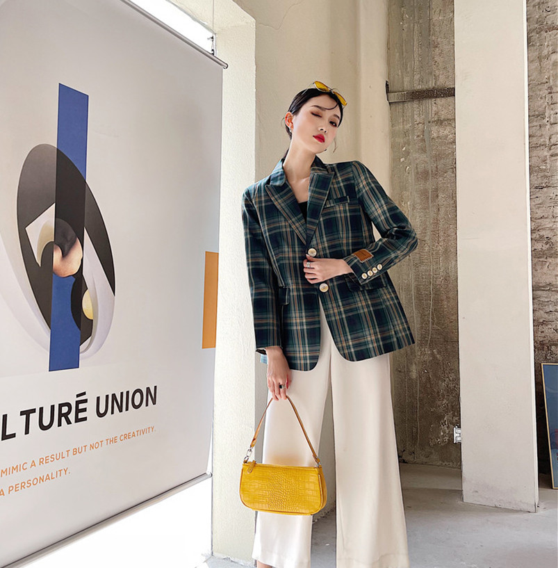 British Style Plaid Green Blazer Women Fashion Jacket Patch Ladies Suit Tailored Coat Spring 210427