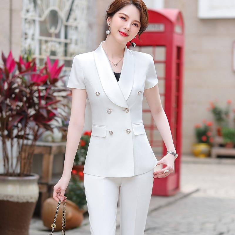 Women's Two Piece Pants 2021 Women Suits Clothes Summer Fashion Business Casual Short Sleeve Slim Blazer And Office Ladies Work Wear