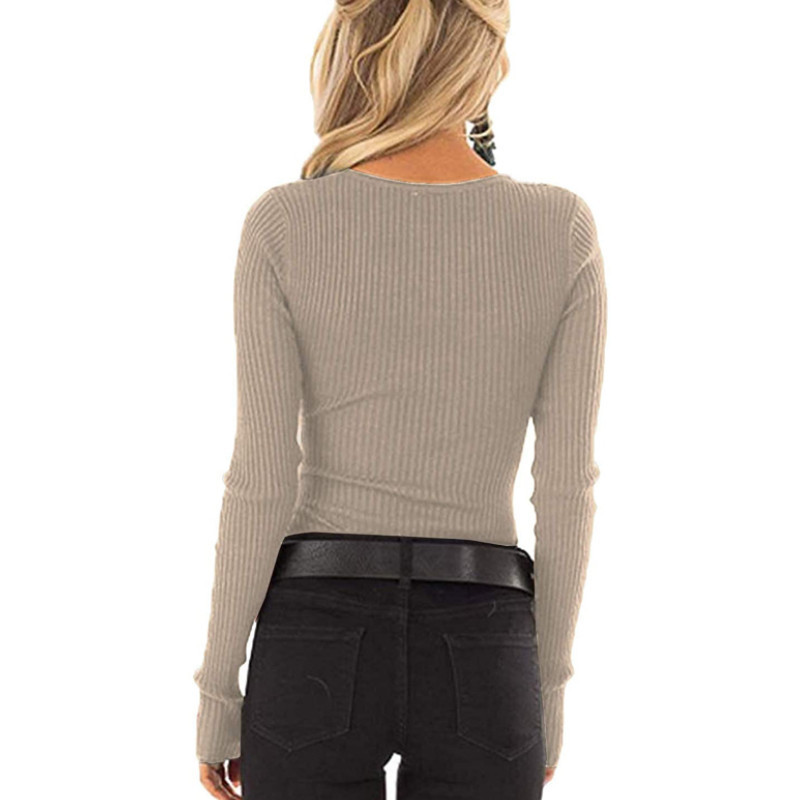 Women Spring T-Shirt, Solid Color Ribbed Henley Neck Long Sleeve Slim-fitting Pullover for Girls, Autumn 220226