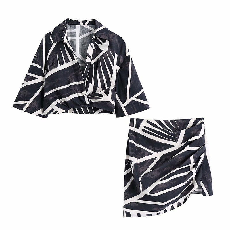 Women Vintage Black White Tie Dyed Printing Hem Knot Short Smock Blouse Female Kimono Shirts Chic Crop Blusas Tops 210521