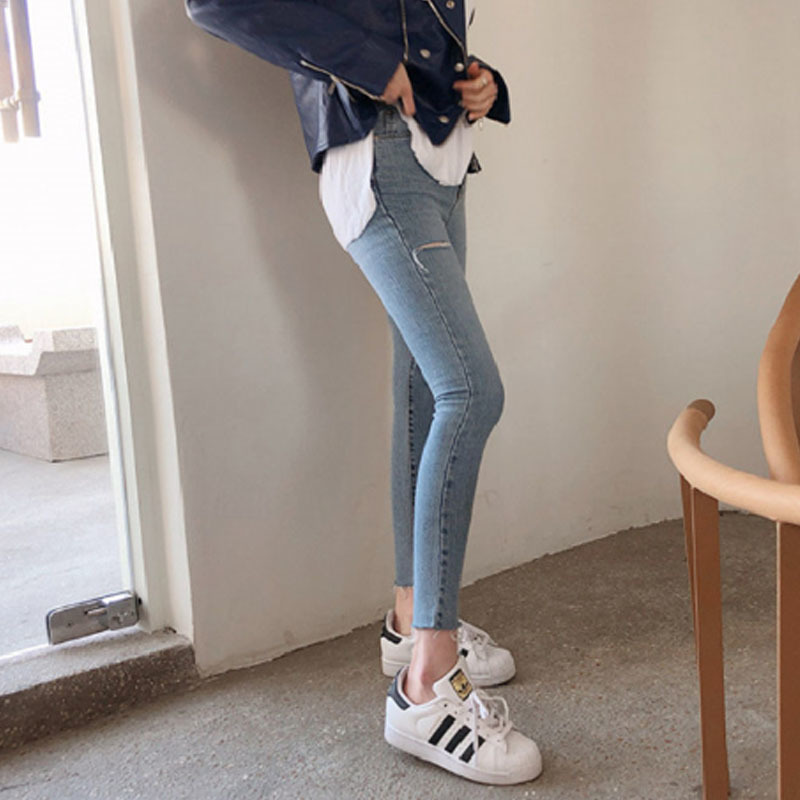 High Waist Stretch Jeans Women's Clothing Summer Blue Denim Simple Ripped Holes Skinny Casual Female Trousers 10406 210518