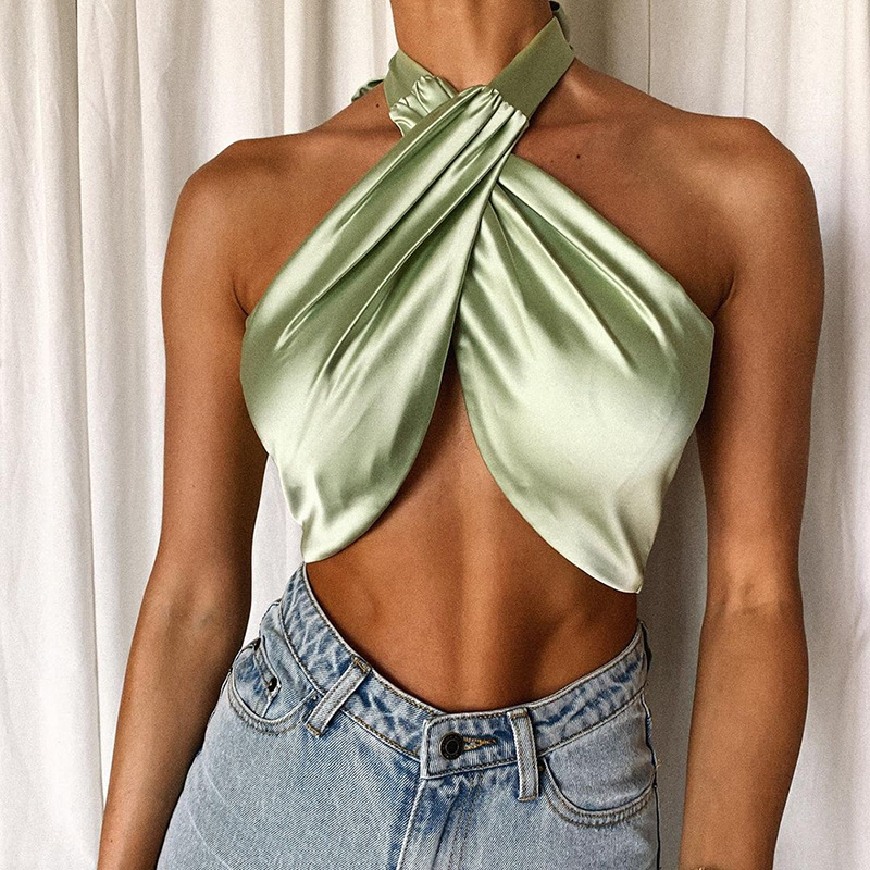 

Silky Satin Halter Sexy Baless Criss-Cross Crop Top for Women Sleeveless Summer Fashion Outfit Party Wrap Tophigh quality, Beige