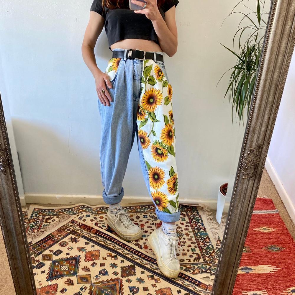 Trend Sunflowers Printed Light Blue Jeans fit women young Girls soft denim long pant patchwork Harem hight waist jeans 210222