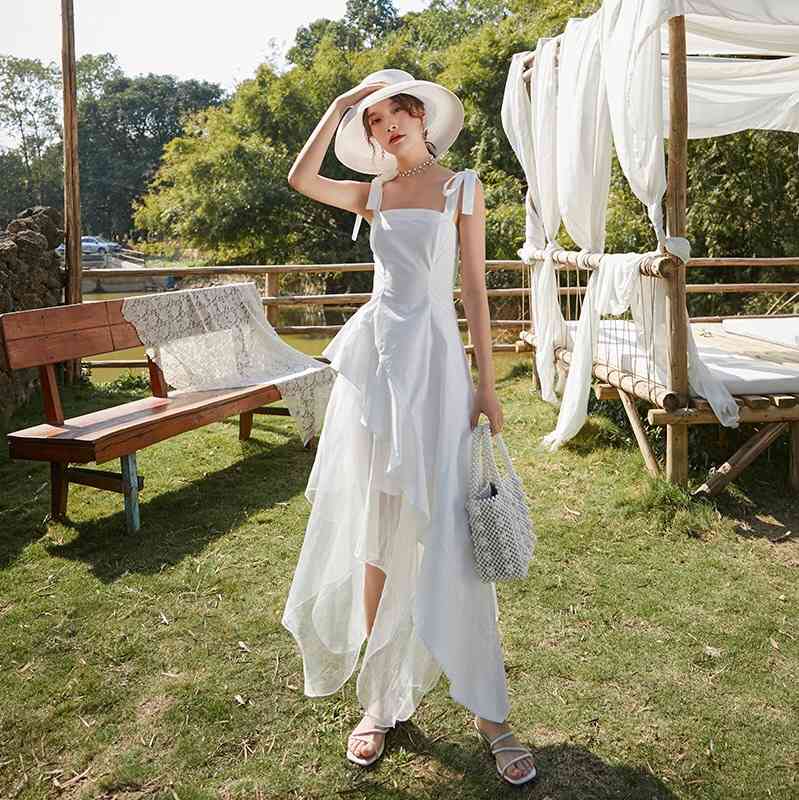 white patchwork mesh summer dress spaghetti strap lace up holidday elegant asymmetrical Romatic French 210421