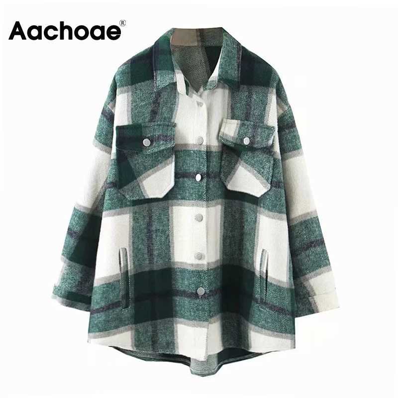 Aachoae Loose Casual Wool Plaid Jacket Women Turn Down Collar Fashion Coat With Pockets Autumn Long Sleeve Ladies Jackets Coats 210722