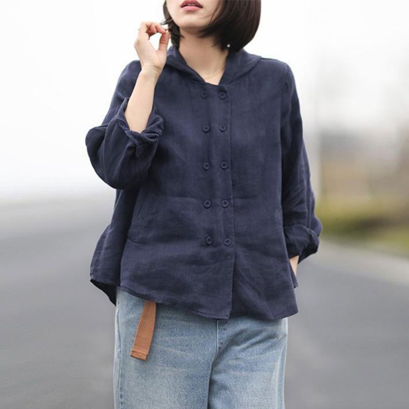 Spring Autumn Arts Style Women Double Breasted Casual Hooded Coat Loose Cotton Linen Solid Jackets Femme Coats M286 210512