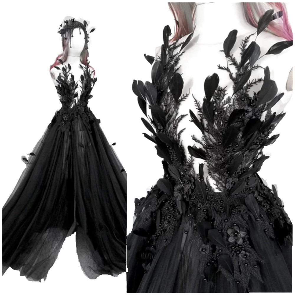 Gothic Black Wedding Dress Appliques Feather Pearls Beaded Vintage Backless High Side Split Sweep/Brush Train A-Line Tulle Bride Dresses Long Boho Bea