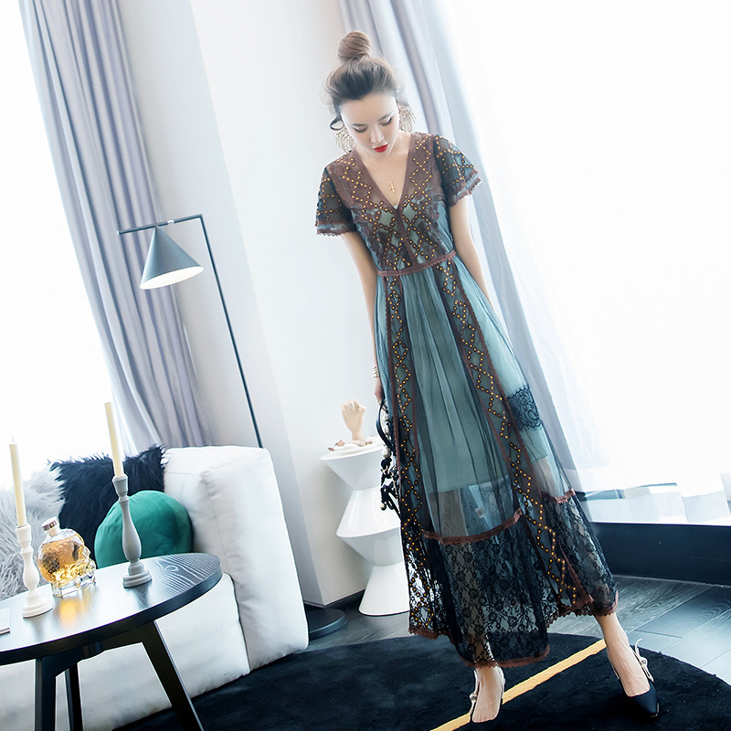 elegant long dress women femme blue embroidery short sleeve summer holiday robe dresses vestidos vintage fashion chic 210421