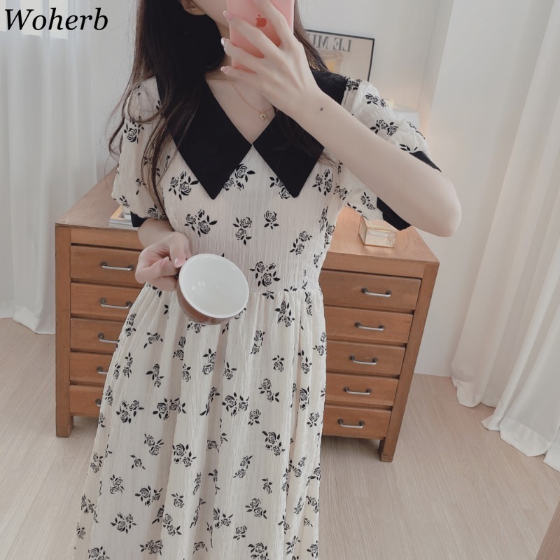 Vestido De Mujer Summer Chic Korean Dress Women Sweet Peter Pan Collar Floral Robe Slim Temperament Dresses 210519