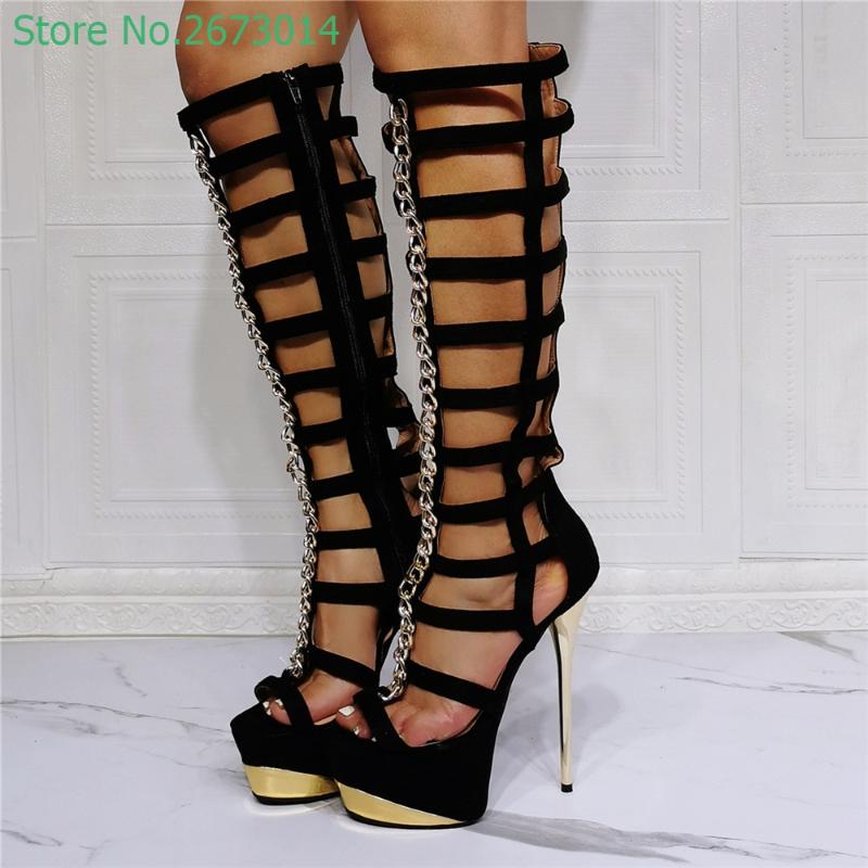 Sandals Ladies Ankle Hollow High Platform Suede Cover Heel Peep Toe Metal Chain Knee-high Boots Stiletto Heels, As picture 
Sandals Ladies Ankle Hollow High Platform Suede Cover Heel Peep Toe Metal Chain Knee-high Boots Stiletto Heels, As picture