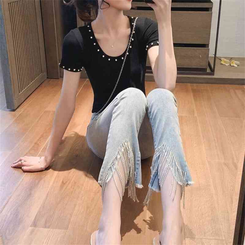 Jeans With Beads Tassel Rhinestones Vintage Skinny High Waist Stretchy Petite Ankle Elastic Denim Pants 210510