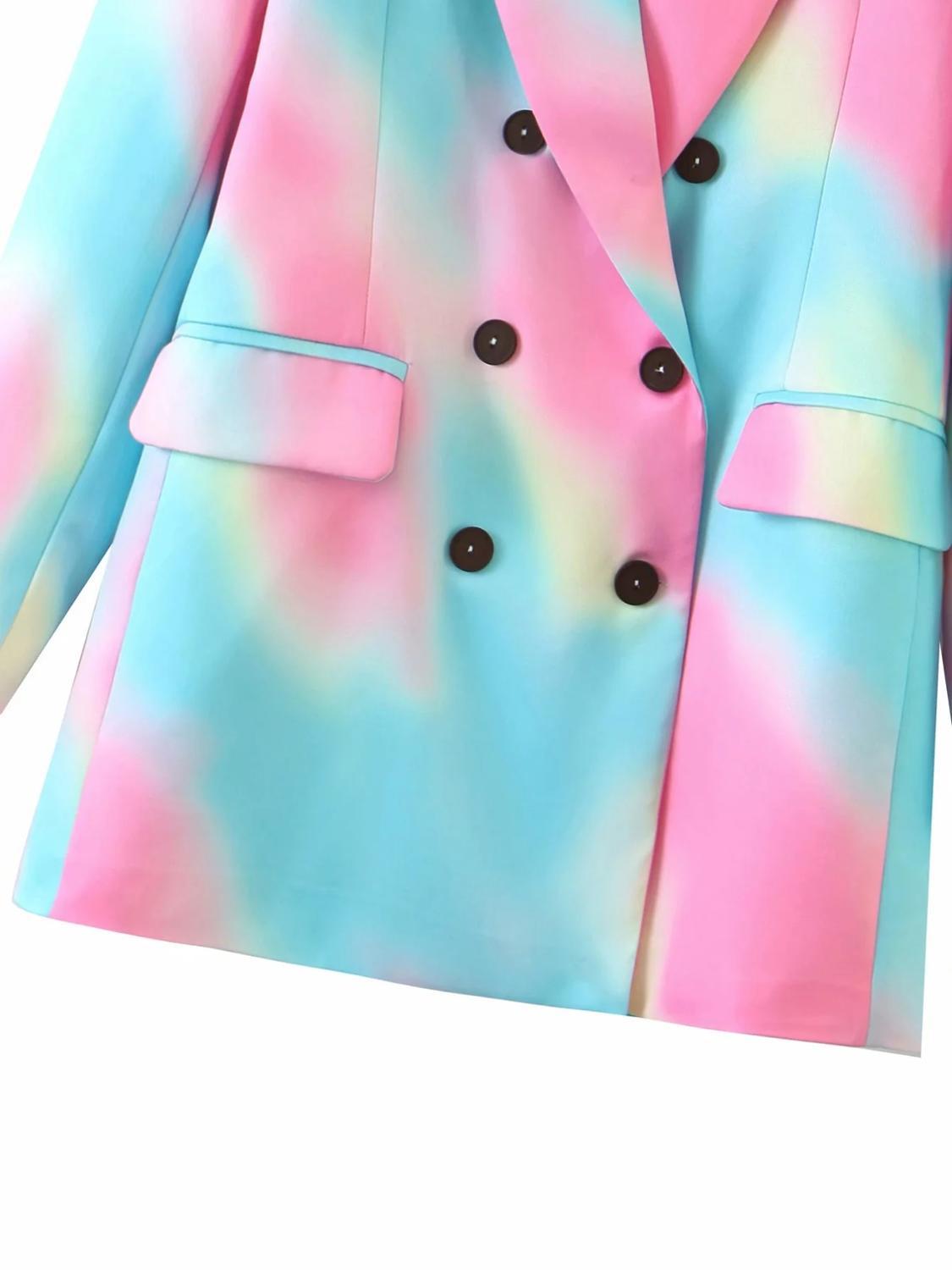 Women Fashion Double Breasted Tie-dye Blazers Coat Vintage Long Sleeve Pockets Female Outerwear Chic Tops 210521