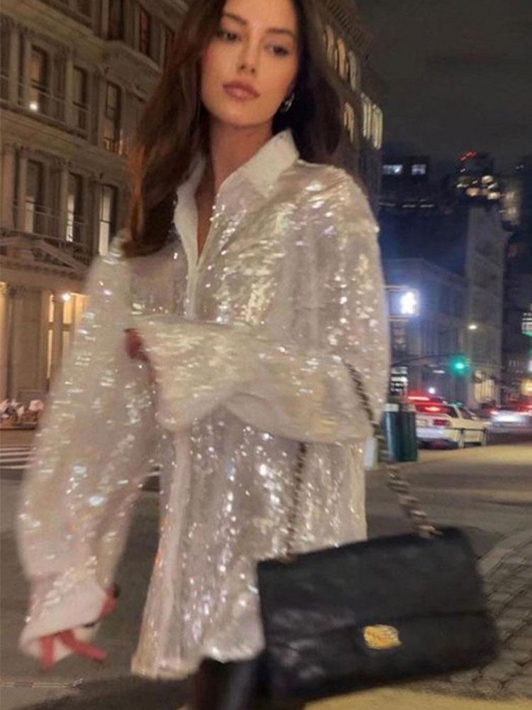 Women' Blouses & Shirts Sequins Blouse Long Sleeve Top Button Up Shirt Y2K Vintage Women Clothing Club Party Glitter Female Collared, Silver
Women' Blouses & Shirts Sequins Blouse Long Sleeve Top Button Up Shirt Y2K Vintage Women Clothing Club Party Glitter Female Collared, Silver