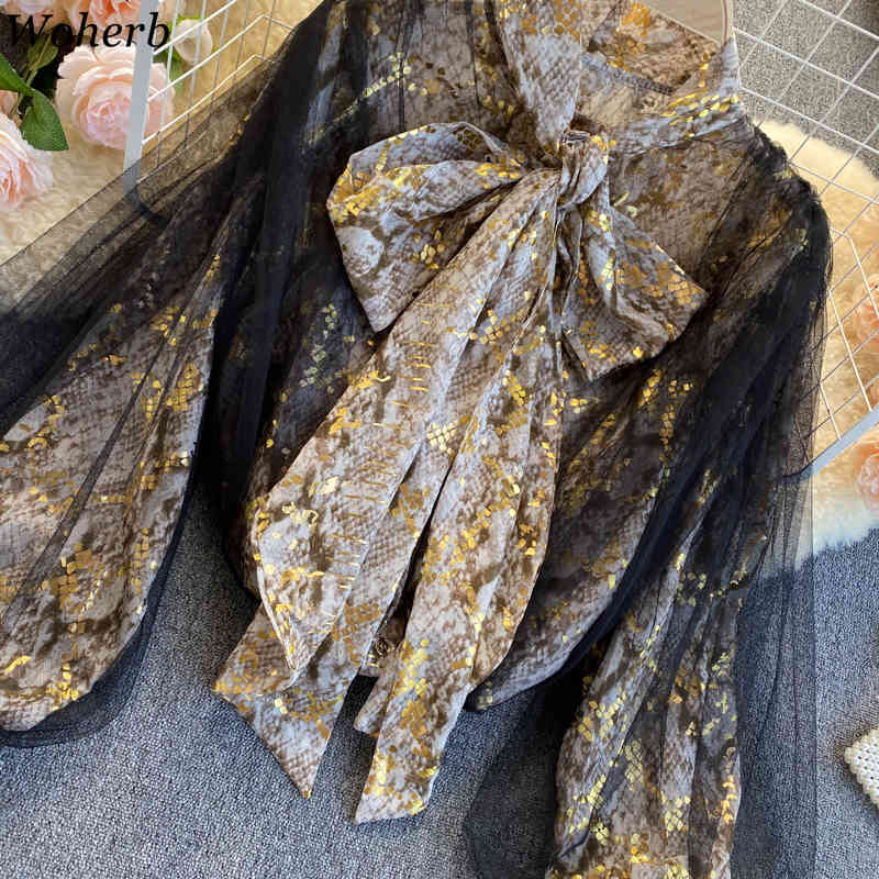 Vintage Snakeskin Prints Blouse Women Patchwork Gauze Lantern Sleeve Temperament Shirts Lace Up Bow Blouses Tops 4H024 210519