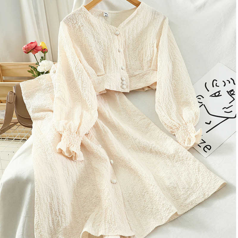DEAT Women V-neck Longsleeve Shirt Midi-long Skirt Arrivals Short Two Piece Set Fashion Spring Summer 11D824 210709