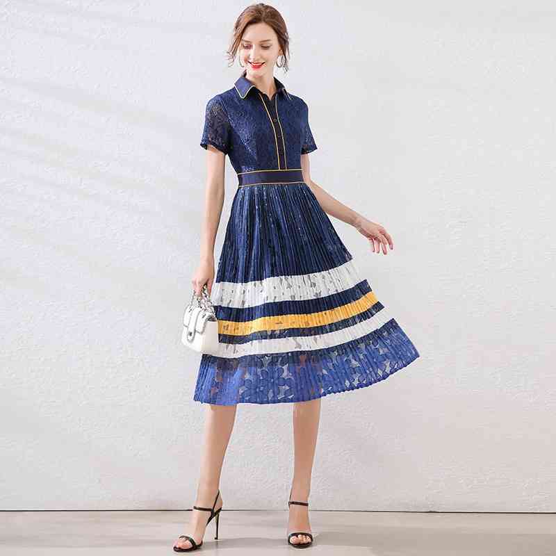 Summer Woman Lace Pleated Dress Striped Blue Ladies Slim Short Sleeve Party Female Casual Dresses 210506