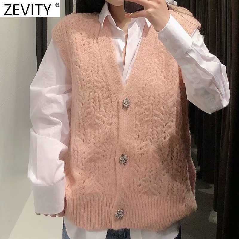 Zevity Women Fashion V Neck Hollow Out Crochet Knitting Sweater Ladies Sleeveless Diamond Button Vest Cardigans Chic Tops SW842 210603