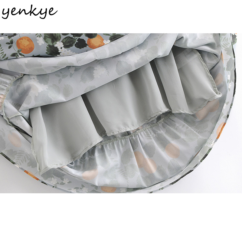 YENKYE Vintage Lemon leaves Print Prairie Chic Dress Women Sexy Square Neck Long Sleeve A-line Chiffon Long Dress Summer Vestido 210515