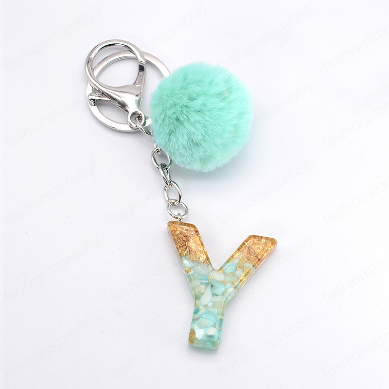 Blue Pompom Letter Keychain English Words Keyring with Fur Ball Glitter Gradient Color Resin Crafts Handbag Charms