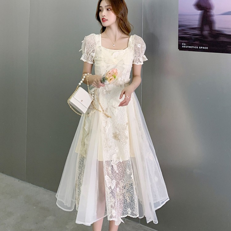 Women Sweet Embroidery Lace Patchwork Chiffon Fairy Dress Elegant Square Collar Puff Sleeve Slim Waist Butterfly Princess 210519