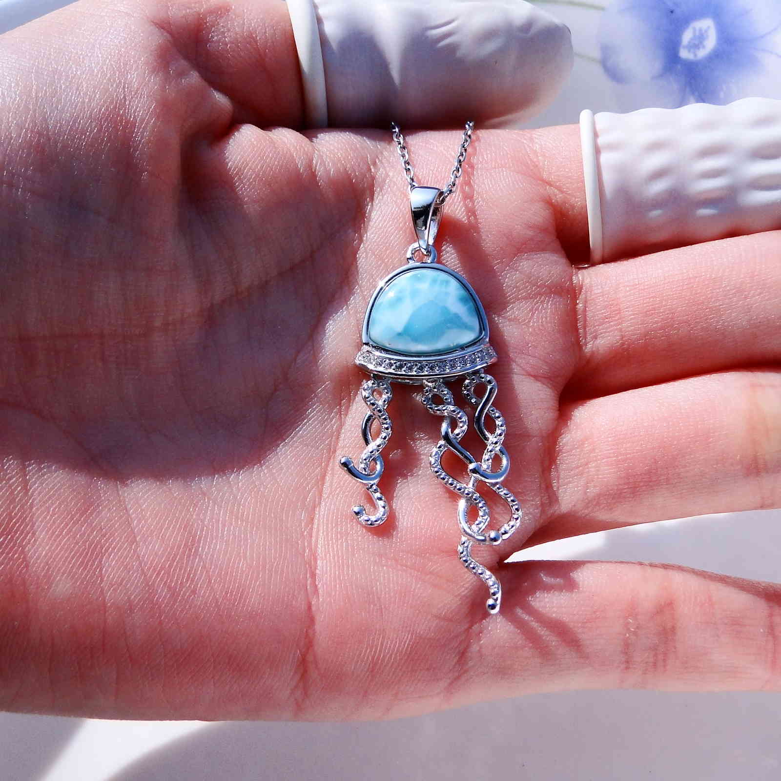 Arrivals Real 925 Sterling Silver Natural Larimar Jellyfish Earrings For Women's Drop Earring 210524