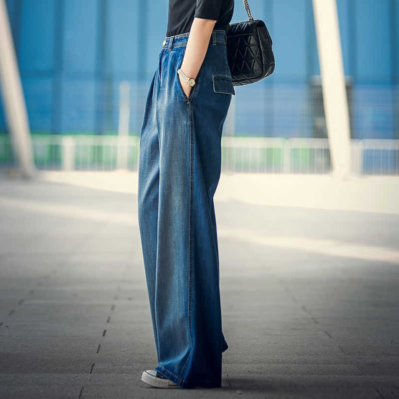 Jeans Women's Wideleg y2k Streetwear High Waist Vintage Trousers Casual Simple Blue Buttons Straight Denim Long Pant 210922