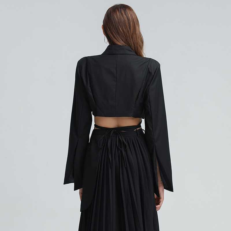 TWOTYLE Patchwork Bandage Blazer For Women Notched Collar Long Sleeve Hollow Out Plus Size Coat Female Korean Clothing 210930