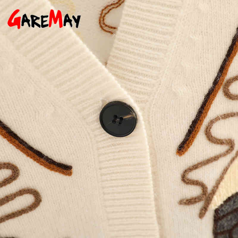 Knit Fall Cardigans Women Loose Vintage Streetwear Sweater Button Cartoon Cute Print V Neck Knitted Cardigan for 210428