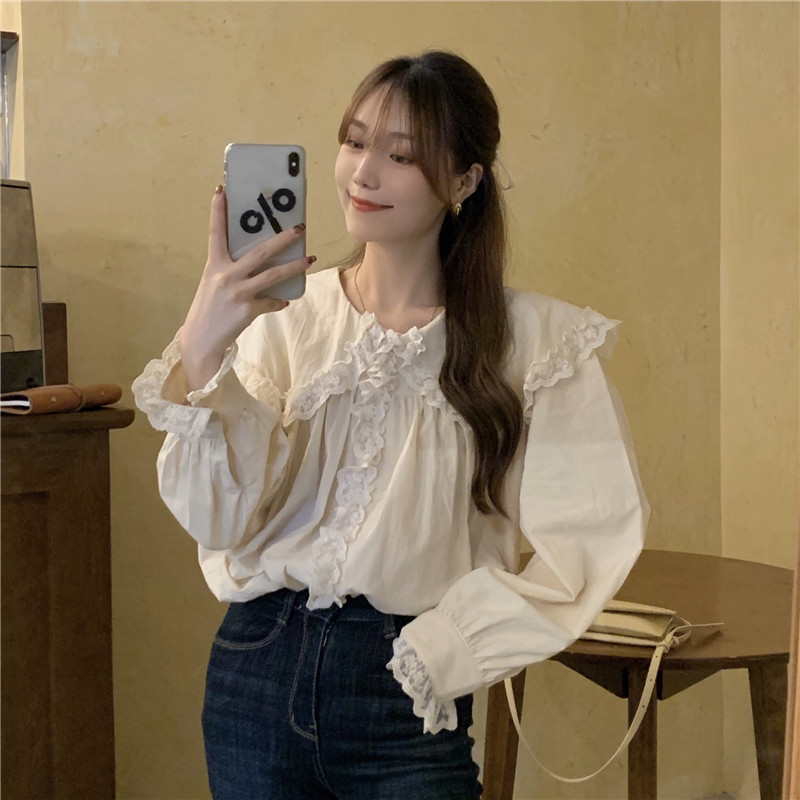 Nomikuma Women Doll Shirt Korean Sweet Lace Patchwork Peter Pan Collar Blouse Autumn Long Sleeve Causal Blusas Mujer 6D349 210427
