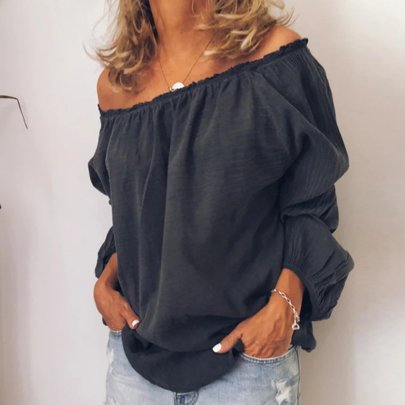 Fashion Women's Casual Solid Sexy Off Shoulder Long Sleeve Shirt Tops Pleated T-shirt Tops Slash Neck Solid Shirt Plus Size 210515
