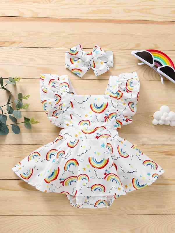 Baby Girl Rainbow Print Combo Bodysuit Dress With Headband SHE