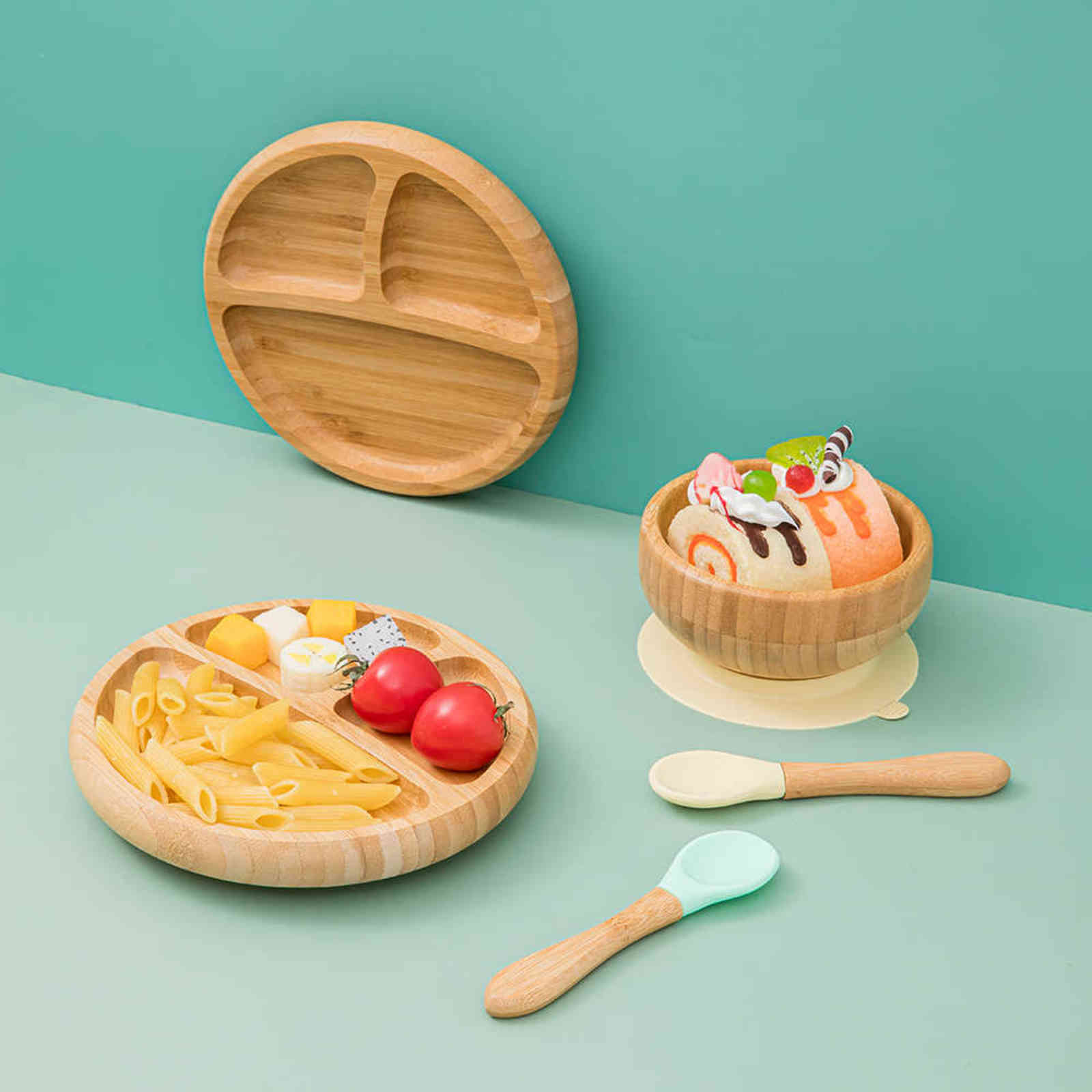 Baby Dinner Plate Baby Feeding Bowl Children's Dishes Wooden Kids Feeding Dinnerware With Silicone Suction Cup Wooden Spoon 211027