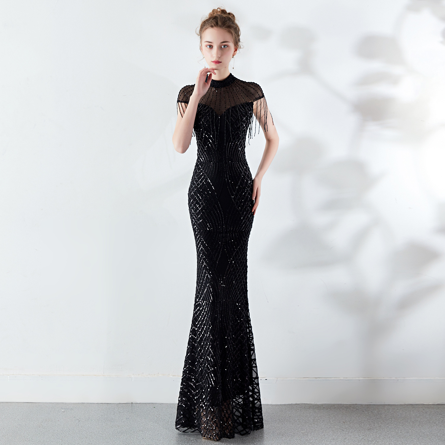 High Neck Mermaid Prom Formal Dresses Burgundy Sparkly Beaded Sequins Tassel robe de soirée de mariage Fishtail Evening Gown