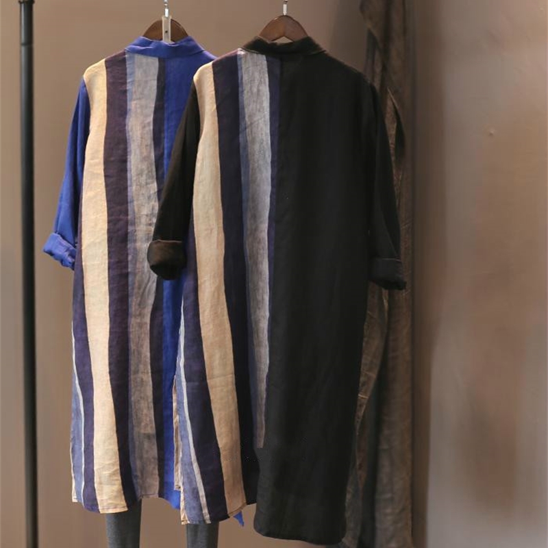 Nomikuma Causal Oversized Women Blouses Open Stitch Autumn Striped Contrast Color Blusas Femme Long Shirts Cardigan 6D647 210427