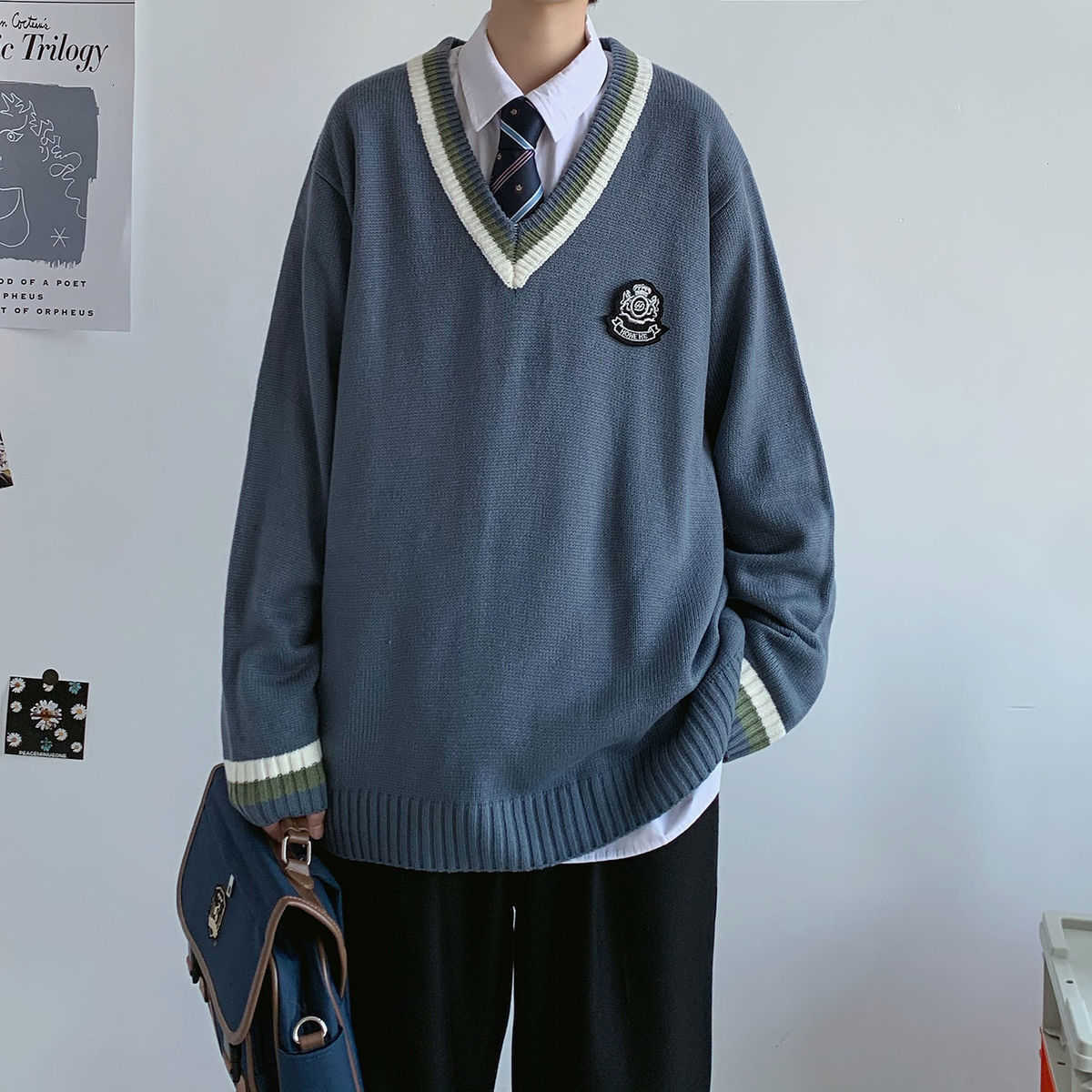 Privathinker Men's Casual Sweater Oversize JK Knitted V-Neck Pullover Winter Woman Thicken Warm College Pullovers Unisex 211008