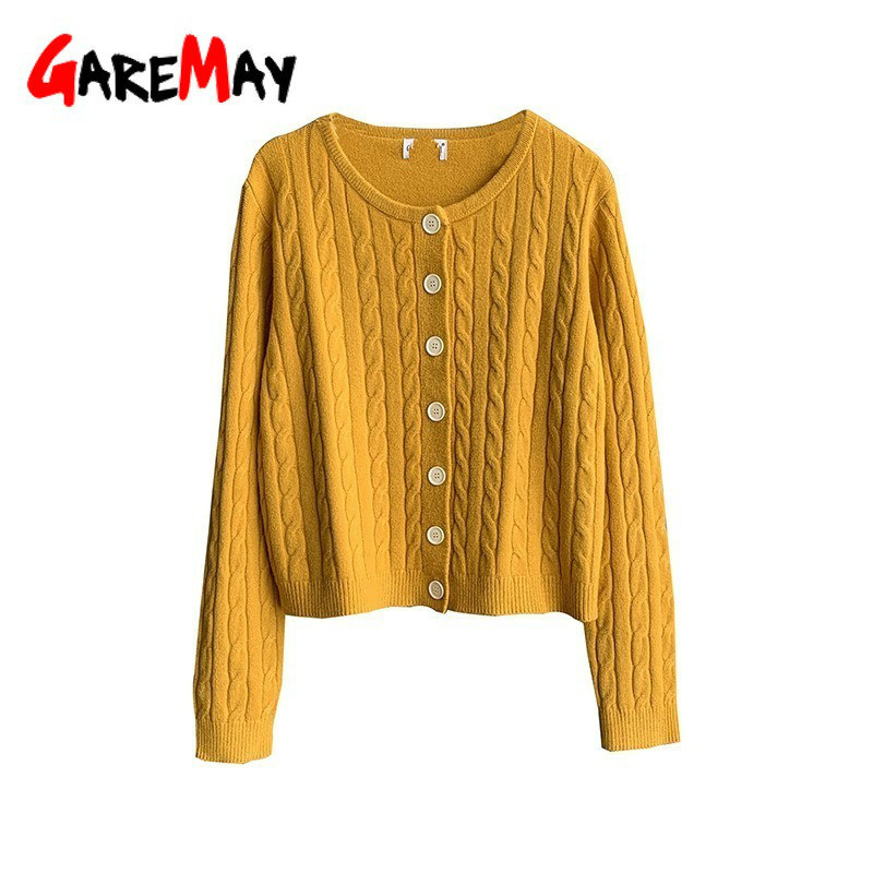 Fashion Slim Ladies Knitted Sweater Long Sleeve Buttons Crop Cardigan Women Short 210428