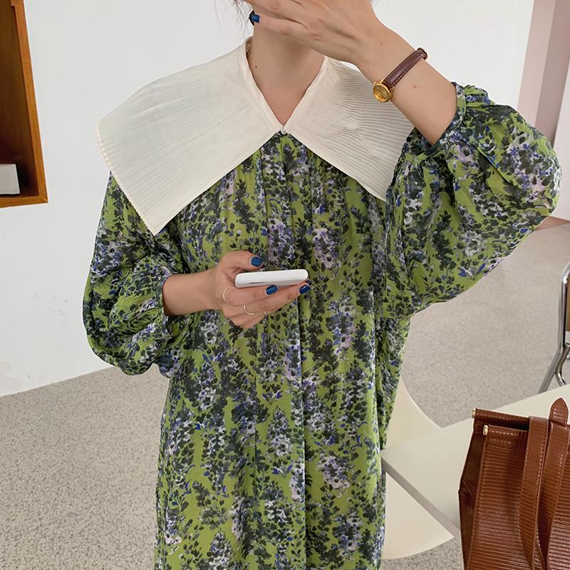 Korean Chic French Detachable Pleated Baby Collar Lace Up Waist Bubble Sleeve Floral Dress Long Skirt Men's Pants